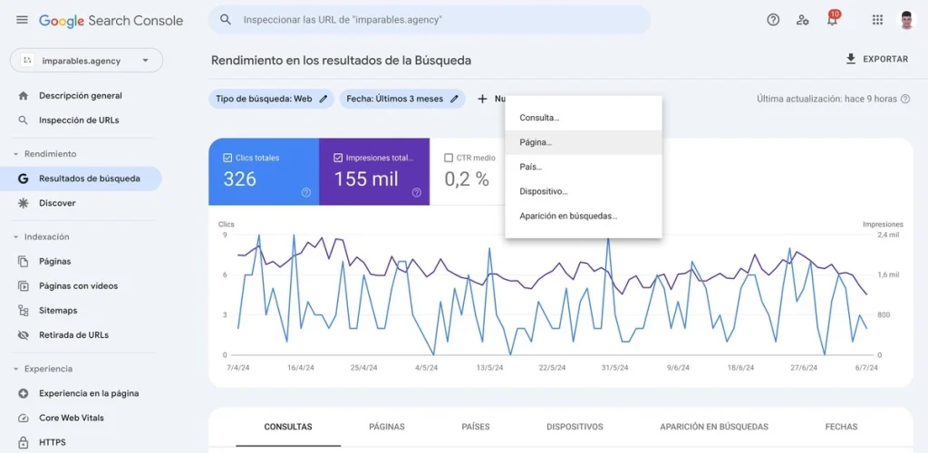 Filtra por URL en Google Search Console
